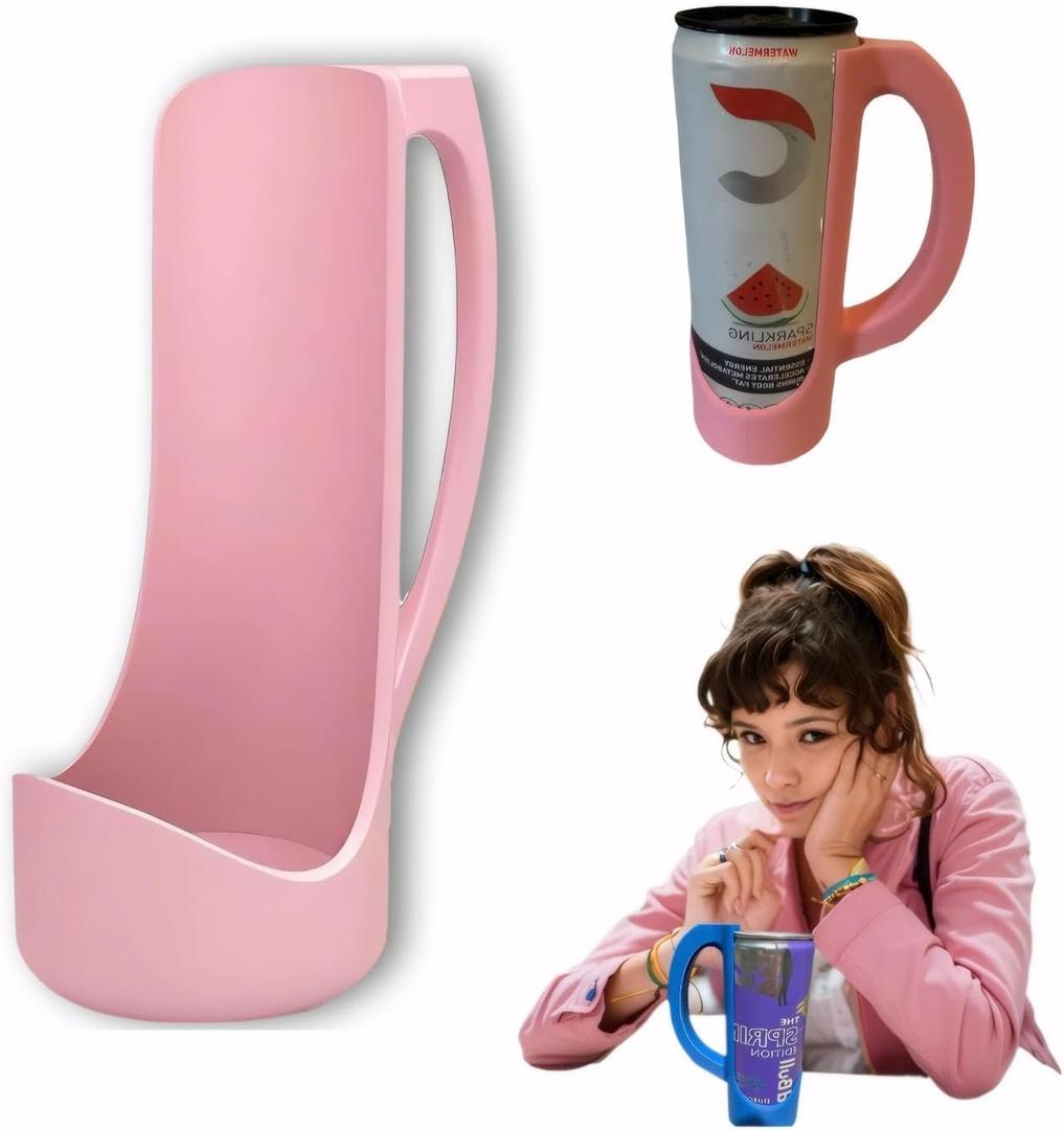 Slim Can Holder 12 Oz with Handle, 3D Printed Reusable Beverage Grip for Beer, Suitable for A Variety of 12 Oz Canned Beverages and Beer (Pink)