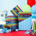 4 x Burymento Reversible Birthday Wrapping Paper for Boys Girls Kids Adults Baby Shower Holiday - Colorful Happy Birthday Lettering and Stars Design - Blue Gift Wrapping Paper Roll, 17 Inch X 32.8 Feet