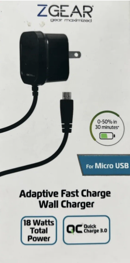 ZGear - Micro USB Adaptive Fast Charger Wall Charger - 18 Watts Total Power