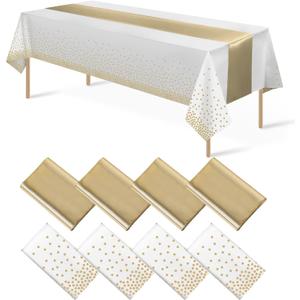8Pack Disposable Plastic Tablecloths and Satin Table Runner Set White and Gold Dot Tablecloth Gold Satin Table Runner for Wedding Birthday Baby Shower Anniversary Christmas New Year Party Decorations