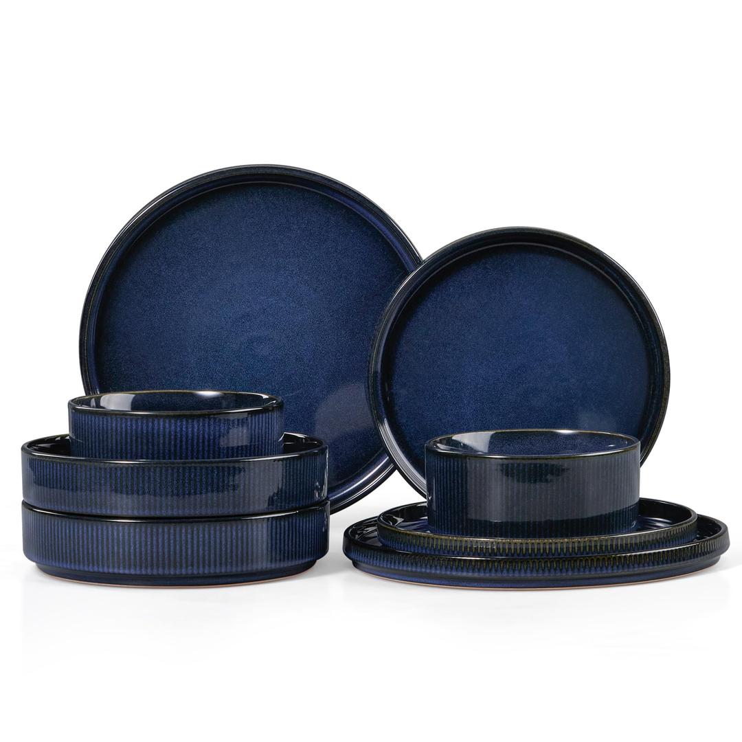 LIANYU 24 Piece Dinnerware Sets with Pasta Bowls for 6, Ribbed Dishes Plates and Bowls Set, Microwave & Dishwasher Safe Ceramic Stoneware for Home Kitchen, Scratch and Chip Resistance, Twilight Blue