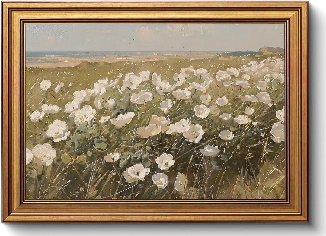 Gold Framed Wall Art Vintage Wildflower Canvas Art Farmhouse Floral Picture White Flower Wall Decor Antique Prints Rustic Paintings Landscape Artwork for Bedroom Living Room 12x16 Inch