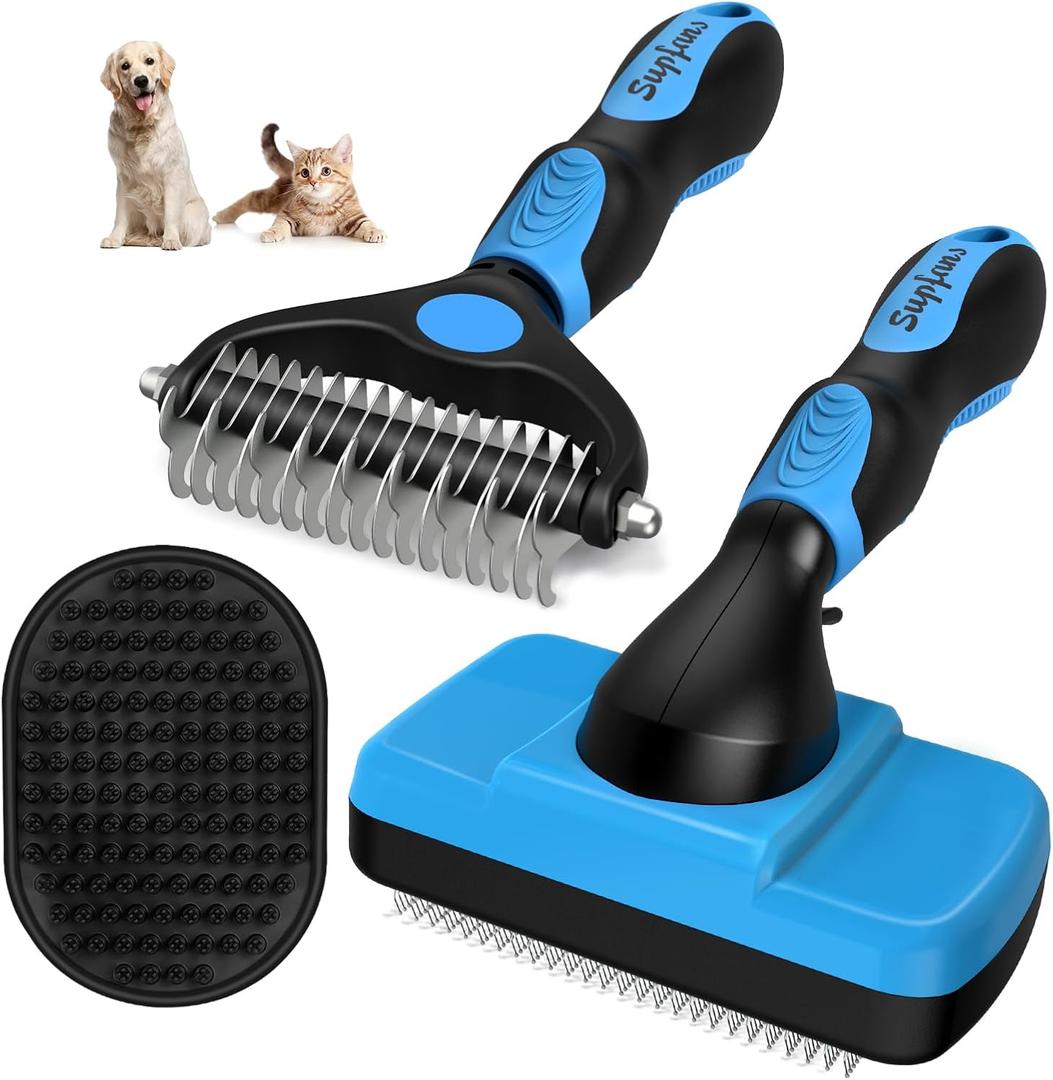 3PCS Self Cleaning Slicker Brush & Pet Grooming Rake & Bath Brush for Dogs and Cats | Skin Friendly Deshedding Grooming Tool & Double-Sided Dematting Tool | Premium Pet Supplies (Blue Black)