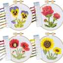Kraftex Stamped Cross Stitch Kits for Beginners (Flower Theme - 6.75 Inch - 4 Pack 1 x Embroidery Hoop) Embroidery Needlepoint Patterns for Adults, Includes Poppy, Rose, Sunflower and Pansy