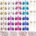 Hoedia 24+37Pcs Foam Crowns Set, Princess Tiaras and Foam DIY Crowns for Kids to Decorate for Birthday Party Crowns Favors with 24 Foam Crowns, 24 Wooden Wands, 12 Rhinestone Stickers,1 Silk Ribbon