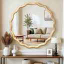 Circle Wood Mirrors for Wall, Wavy Round Bathroom Scalloped Mirror Wooden Frame 36 Inch for Living Room Farmhouse Bedroom Hallway Entryway Living Room with Shatterproof Glass Wall Mounted