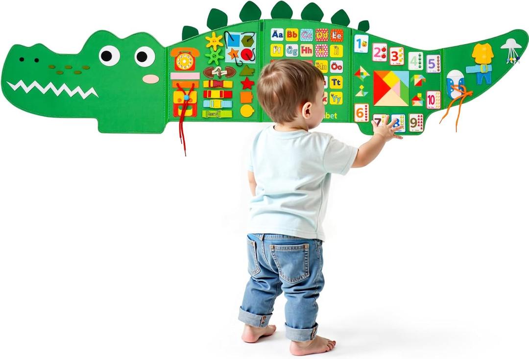 Freudeere Crocodile Busy Board Montessori Busy Board,Sensory Toys for Kids,9 Activities Sensory Wall,Preschool Learning Panel Center for Kids,Foldable and Portable