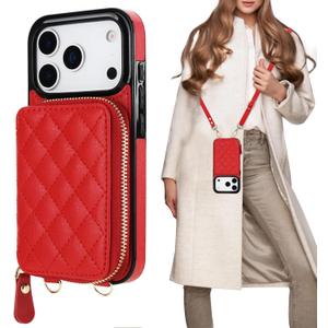 Bocasal Crossbody Wallet Case for iPhone 17 Pro, RFID Blocking PU Leather Zipper Handbag Purse Flip Cover, Kickstand Folio Case with Card Slots Holder Wrist Strap Lanyard 5G 6.3 Inch (Red)