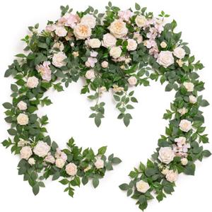 Ling's Moment 9FT Spring Flower Garland for Backdrop Decorations - Wedding Arch Flowers, Eucalyptus & Rose, Artificial Floral Garland for Mantel - Sweetheart Table Decor for Reception, Cream