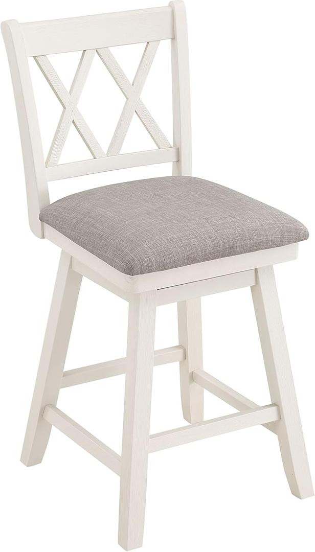 Home Brookline Swivel Bar Stool Chair with 360 Turn Mechanism, Rustic Farmhouse Stools for Kitchen Counter with Cushion, 24" Seat Height, Cream White Wood Finish with Grey Cushion