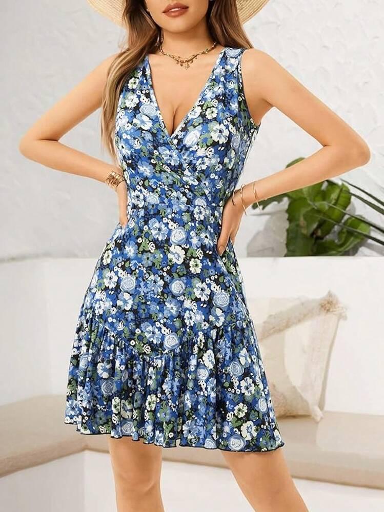 FENSACE Casual Dresses for Women Summer Trendy Mini Vacation Outfits (Blue Floral, Small)