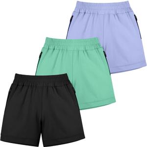 BIG ELEPHANT 3 Pcs Girls Athletic Shorts with Liner, Quick Dry Sports Shorts with Zipper Pockets for Running, Soccer, Cycling (Medium, Black+blue+green)