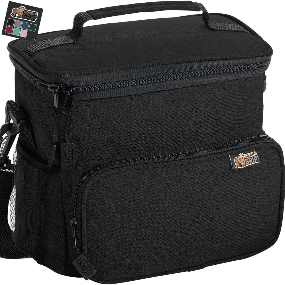 GORILLA GRIP Insulated Lunch Box Bag for Women Men, Large Leakproof Reusable Soft Cooler Bags, Multiple Compartments, Mesh Pockets, Adjustable Strap, Food Tote Keeps Drinks Cold, 8L, 10x9, Black