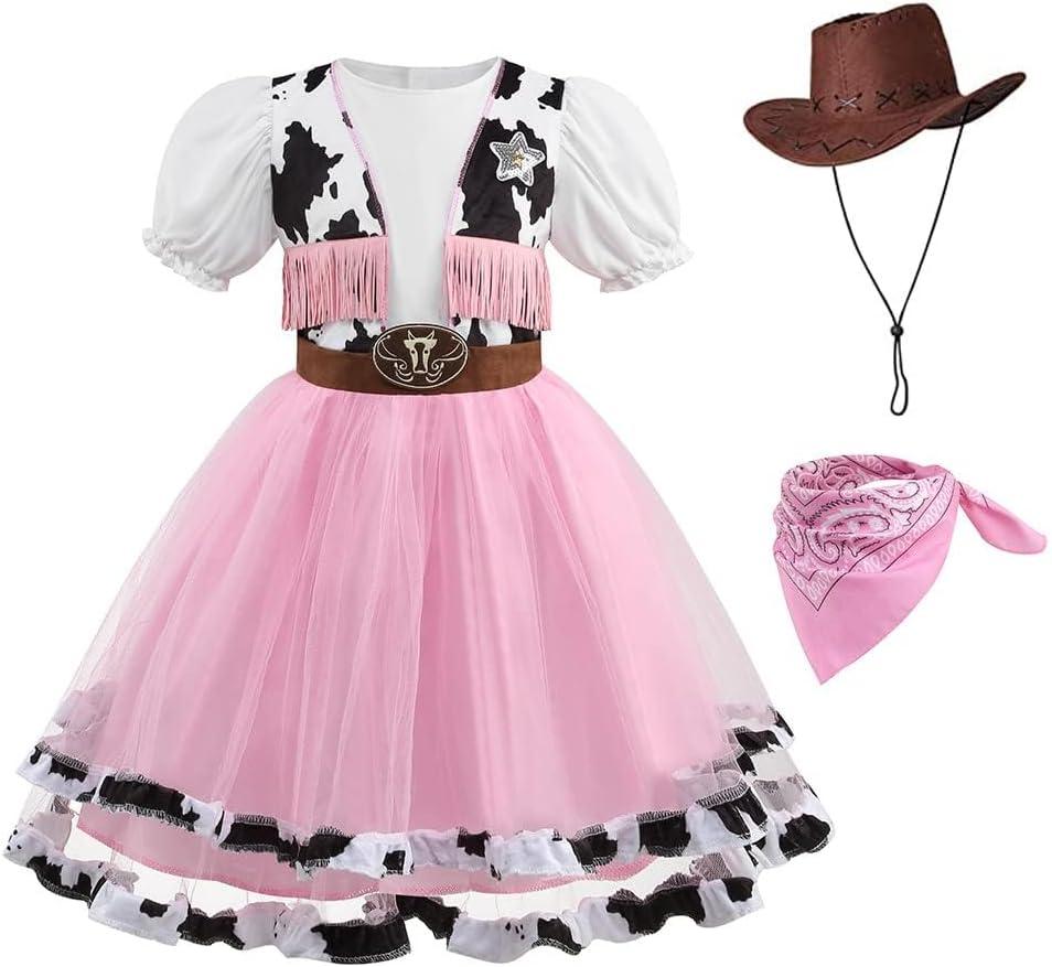 Pink Cowgirl Costume for Girls Cow Outfits with Hat Halloween Cosplay (3-4 Years, Pink)
