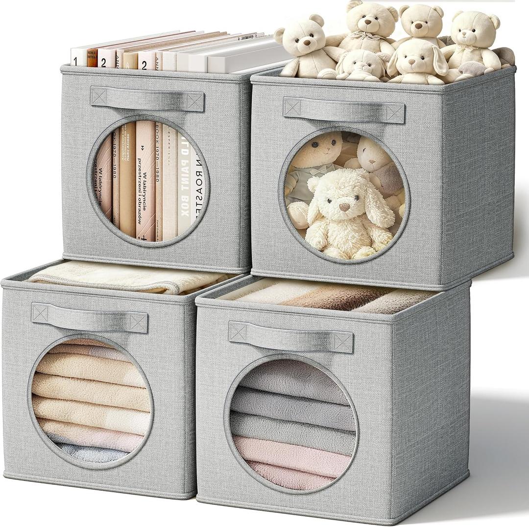 Vailando Ultra Thick Fabric Foldable Storage Bins with Mesh Window - 11 Inch Cube Storage Organizer for Clothes, Shelves, Offices, Toys & Misc, Light Gray, 4 Pack