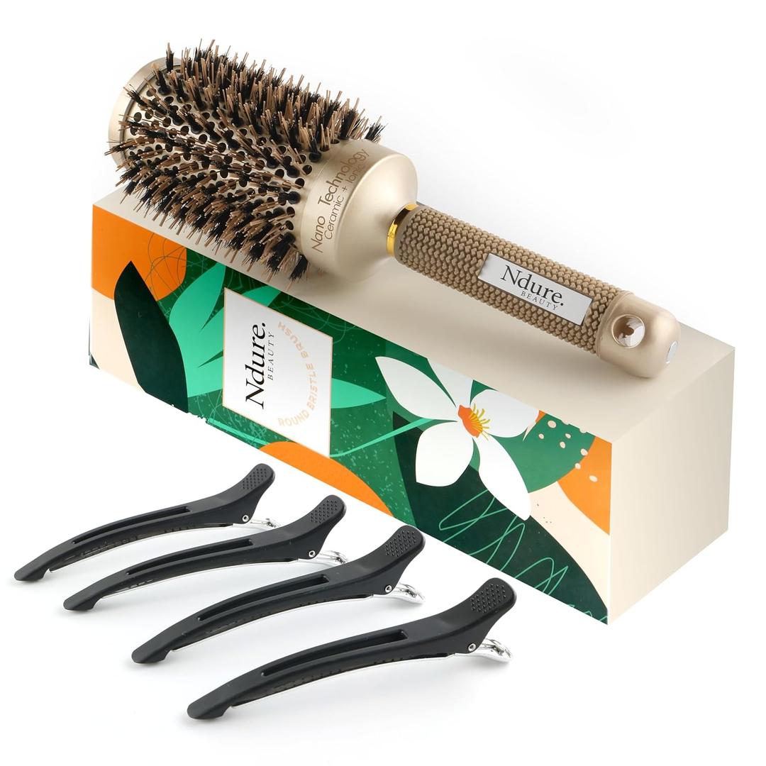 Hair Brush for Blow Drying, Curling & Straightening - Ceramic & Ionic Boar Bristles Barrel Brush with 4 Clips Included