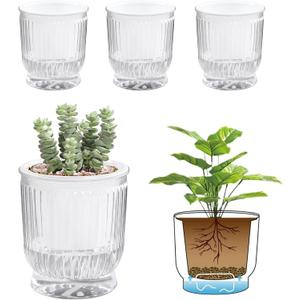 T4U 4 Inch Self Watering Plant Pot, 4 Pack Self Watering Pots, Self Watering Planter with Reservoir, Clear Self Watering Pots for Indoor Plants, African Violets, Flowers (4 Pack, 4", Clear)