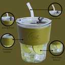 2 x 13oz Avocado Green Iced Coffee Cup with Plastic Lid, Vegan Leather Sleeve, Glass Tumbler with Straw and Lid, Matcha Cup, Hot and Cold Drink, Espresso Mug, (1 Count)