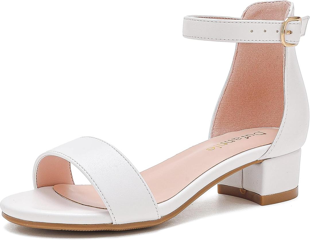 Dufannie Girls Sandals Low Heels Dress Pump Ankle Strap Open Toe Flower Girl Wedding Party for Toddler, 1 Big Kid (Single Pu White)
