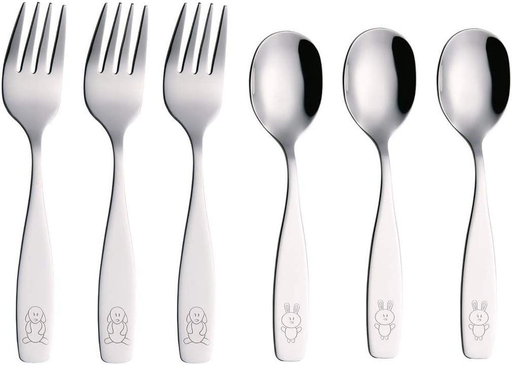 ANNOVA Kids Silverware 6 Pieces Children's Safe Flatware Set Stainless Steel - 3 x Forks, 3 x Children Dinner Spoons, Toddler Utensils, Metal Cutlery Set for LunchBox (Engraved Dog Bunny)