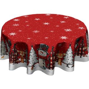 Giwawa Christmas Round Tablecloth 60 Inch,Xmas Snowman Snowflakes Red Farmhouse Reusable Washable Polyester Table Cover for Kitchen Holiday Party Outdoor Dining Room Home Decor Gift