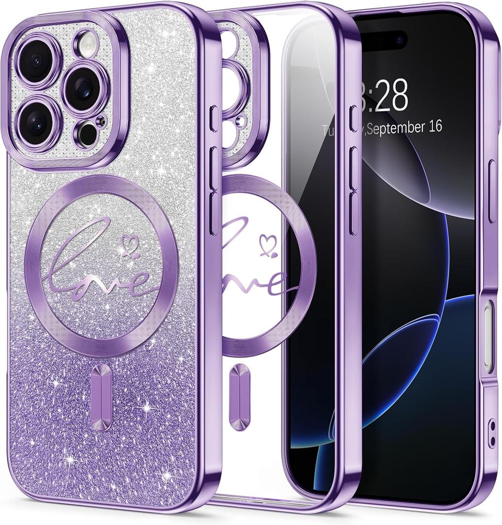 Hython for iPhone 16 Pro Max Case Glitter, Compatible with MagSafe Love Heart Magnetic Clear Phone Cases for Women Girls, Full Camera Protection Sparkle Plating Protective Cover, Deep Purple