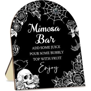 Gothic Mimosa Bar Sign, Wooden Table Arch Welcome Boards with Stand Black White 8"x10", Halloween Bridal Shower Wedding Engagement Bachelorette Parties Tabletop Decoration Supplies