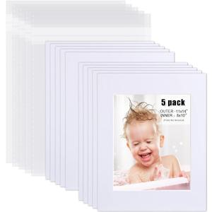 Egofine Pack of 5 White Pre-Cut Mat Board 11x14 Picture Mat for 8x10 Photo with White Core Bevel Cut Mattes Sets. Includes 5 High Premier Acid Free Mats & 5 Backing Board & 5 Clear Bags