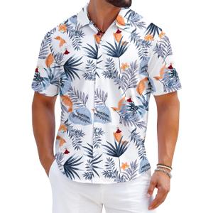 zeetoo Men's Hawaiian Shirts Short Sleeve Wrinkle Free Button Down Tropical Floral Holiday Beach Shirt (Medium, White Leaf)