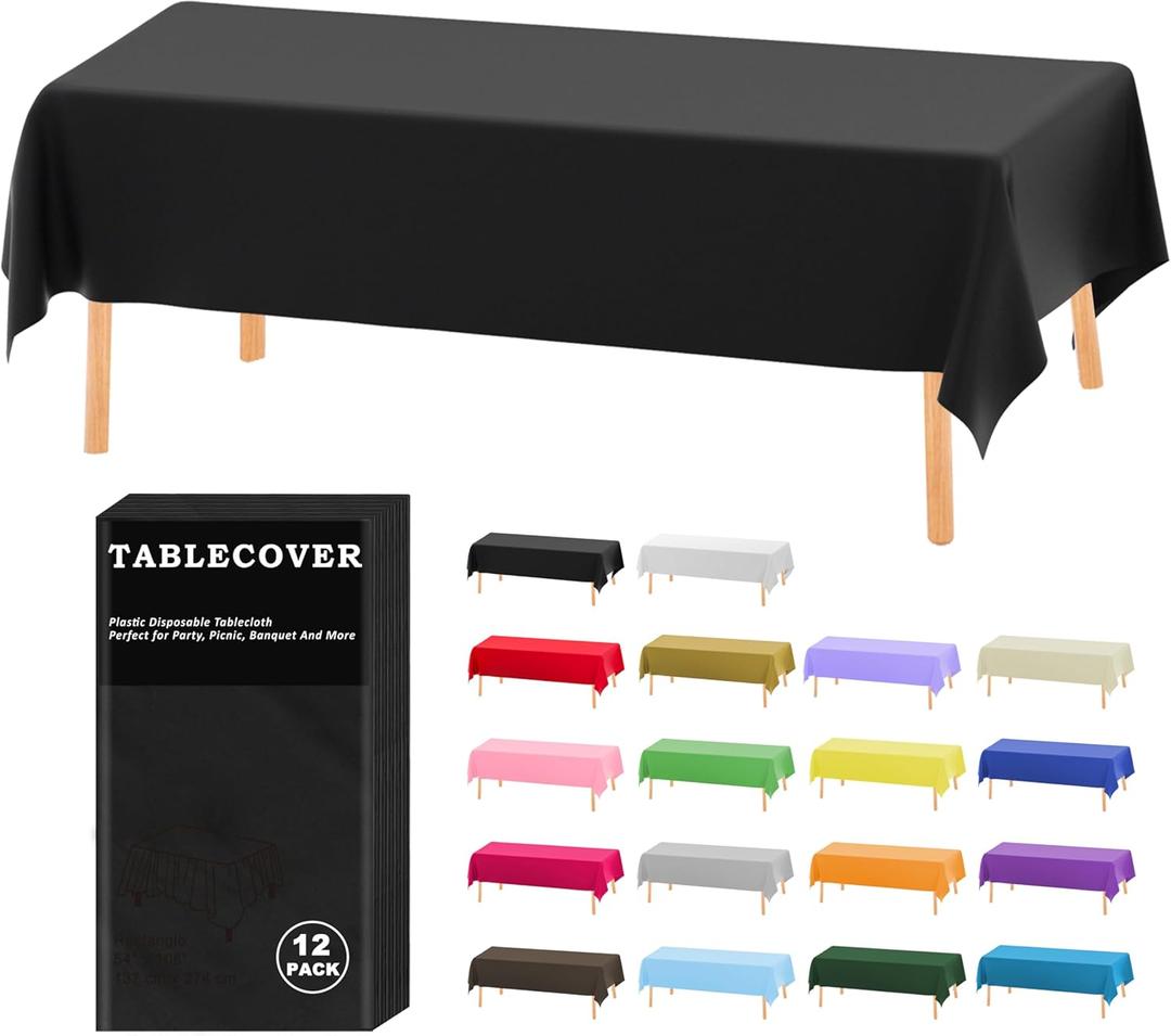 D&Z Plastic Table Cloth Disposable, 12 Pack Black Rectangle Tablecloth Individually Wrapped for Indoor&Outdoor, 54 x 108 Inch Table Cover for Party, Picnic, Birthday, Wedding & Dinner