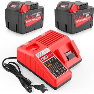 2Pack 9.0Ah 18v Battery Replacement for Milwaukee 18v Batteries with Multil Volatage Rapid Charger for Power Tool Battery Charger 48-11-1840 48-11-1828 48-11-1820 48-11-1815 48-11-1850 48-11-1860