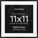 Homeforia 11x11 Picture Frame Black, High End Metal 11 by 11 Square Frames with Mat 9 x 9 Opening, 11by11 Poster Frames Matted to 9x9 inch Photo, Wall Hanging Frame, Tempered Glass, Wall Kit, Set of 1