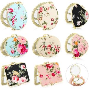 Blulu 8 Pieces Compact Mirror Bulk for Purse Flower Small Floral Retro Folding Portable Pocket Mirror for Women Girls Travel Gift(Gold Edge)