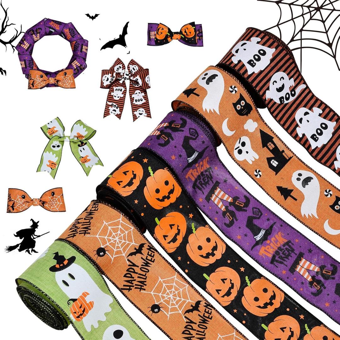 YAMA Halloween Ribbon Wired Web Ghost Pumpkin Witch Legs Hat Printed 2.5 Inch Ribbon for Crafts Wreath Bow Wrapping Party Decoration 6 Rolls Total 30 Yard (90 Feet)