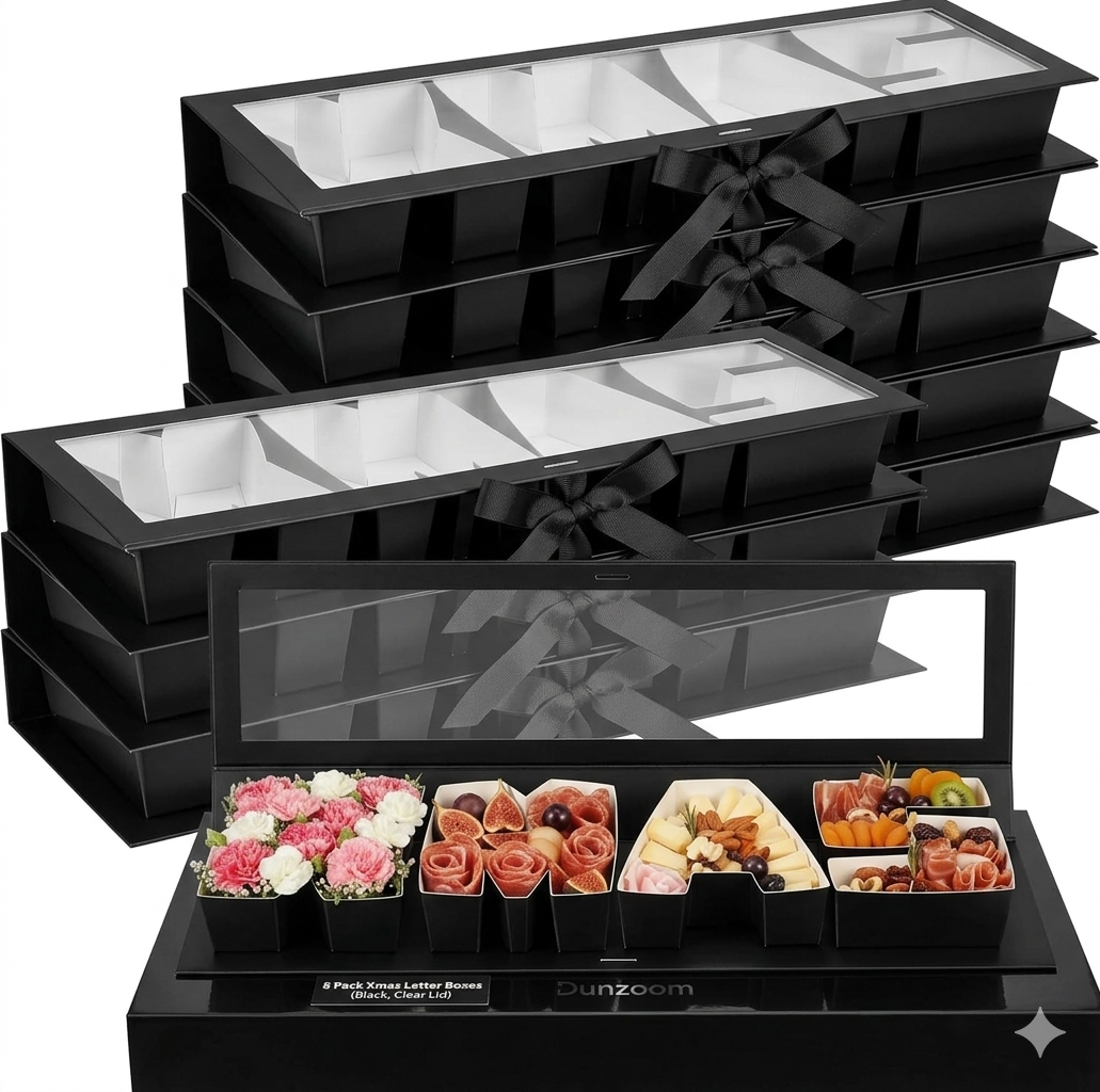 Dunzoom 8 Pack Xmas Letter Boxes for Christmas Gift Wrapping Xmas Letter Shaped Empty Flower Gift Box Fillable Christmas Party Favors Candy Presents Packaging (Black, Clear Lid)