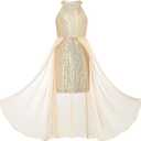 GRACE KARIN Girls Halter Neck Sequin Dress Kids Fancy Formal Party Christmas Sparkly Pageant Birthday Dresses (7-8 Years, Gold)