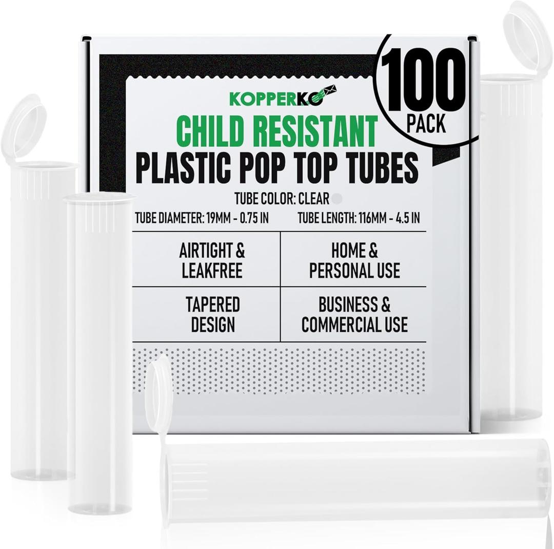 Travel Medicine Container (116mm, 4.6 Inch 100-Pack) | Child Resistant Plastic Storage Tube | Mini Storage Tube for Spices | Airtight, UV Resistant & Waterproof (Clear Plastic)