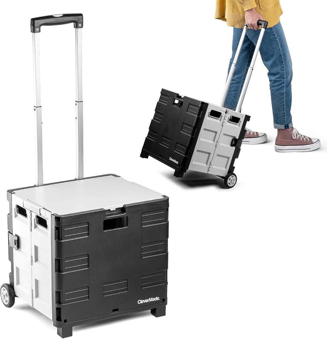 CleverMade Collapsible Wheeled Crate with Lid, 2-Wheels – Stable Rolling Crate with Handle and Large Wheels for Fragile Items, Heavy Loads and Easy Storage - 35L and 75lb Capacity, Black/ Cream