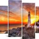 Nachic Wall Ocean Beach Pictures Portland Lighthouse Wall Art Canvas Coastline Sunset Landscape Poster Prints for Home Living Room Framed Ready to Hang
