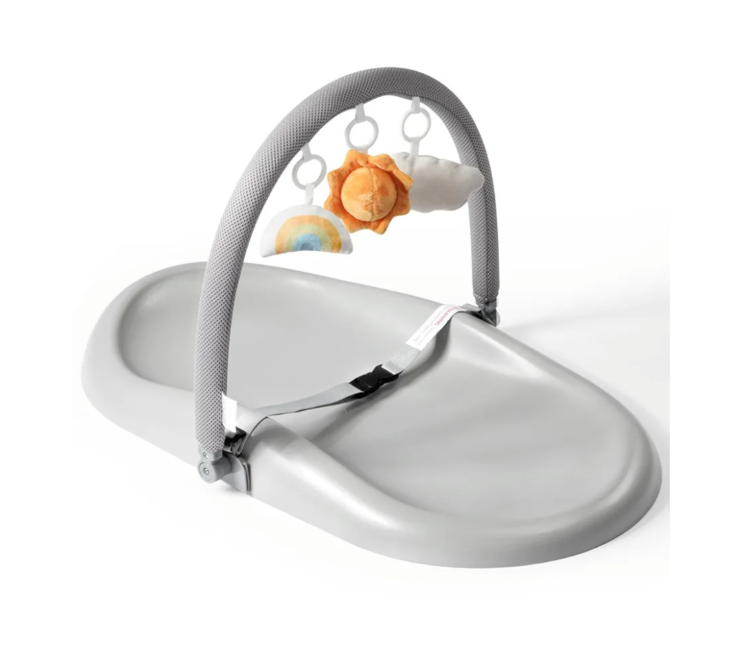 Wipe-Clean Baby Changing Pad, Waterproof Durable PU Pad, Soft & Non-Slip Safety Belt & Hanging Toys, Easy to Adjust & Removable Bar, Gray