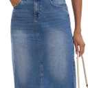 Women's Jean Skirt High Waist Back Slit Stretch Below Knee Length Denim Skirts, Large Blue
