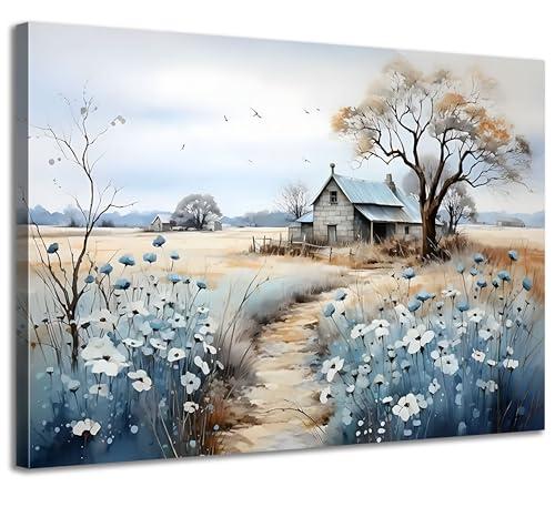 Framed Rustic Farmhouse Canvas Wall Art Beautiful Field Painting Wildflower Barn Print Nature Scenery Picture French Countryside Poster for Bathroom Bedroom Living Room Office Wall Decor 35x23 Inch