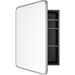 Bathroom Wood Black Cabinet with 20''x30'' Brushed Nickel Metal Frame Curved Mirror, Recessed Medicine Cabinet, Bathroom Storage Cabinet
