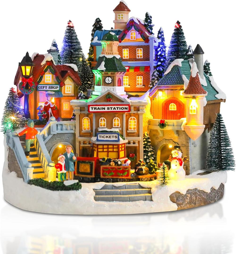 taman Christmas Village Houses - Musical Collectible Buildings with Moving Train Warm Light Ornaments for Christmas Holiday Decorations