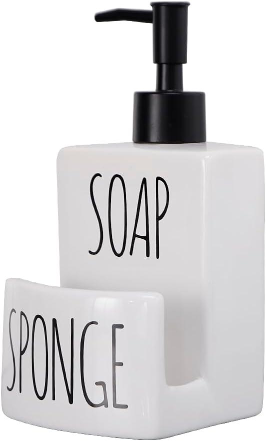 Ceramic Dish soap Dispenser with Sponge Holder Hand and Dish Soap Dispenser Set for Kitchen 2-in-1 Countertop Soap Pump Dispenser for Kitchen Sink, Useful Kitchen Gadgets - Modern Farmhouse White