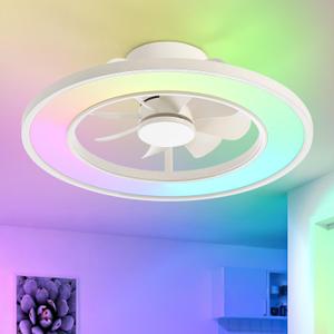 20" Low Profile Ceiling Fans with Lights, RGB Ambient Light & 3CCT Dimmable LED, Quiet Reversible DC Motor, Modern Flush Mount Enclosed Fan for Bedroom (White)