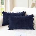 CaliTime Throw Pillow Covers Decorative 20 X 12 Inches Pack of 2 Cozy Solid Dyed Soft Chenille Cushion Cases with Pom Poms for Couch Sofa Bed Living Room Home Navy Blue