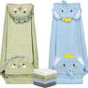 6 PCS Toddler Bath Towel Set for Boy Girl 0-5 Year, 2 PCS Thick Absorbent Hooded Baby Bath Towels Large 55" x 27.5" & 4 PCS Washcloths, Ultra Soft Gifts for Infant, Toddler, Kids, Dinosaur & Elephant