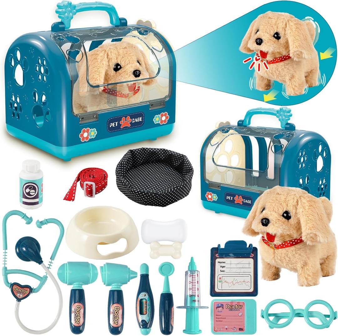 STAY GENT Interactive Dog Toys for Kids, 17Pcs Pretend Play Doctor Kit with Cage, Stethoscope, Robot Dog Toy with Leash, Walking Plush Dog Toys Pet Care Gifts for Boys Girls Aged 3 4 5 6 7 8, Small
