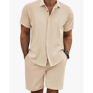 COOFANDY Men's Summer Beach Outfits 2 Piece Short Sleeve Shirts and Shorts Vacation Texture Linen Sets for Men M